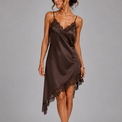 Satin Lace Trim Asymmetrical Slip Dress