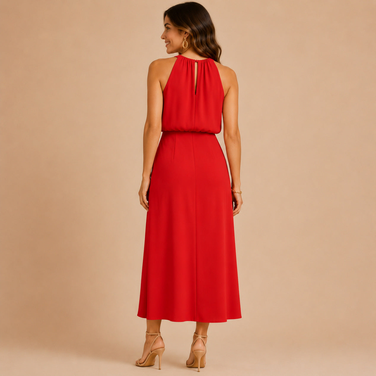 Halter Ruched Slit Midi Dress