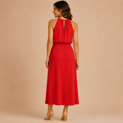 Halter Ruched Slit Midi Dress