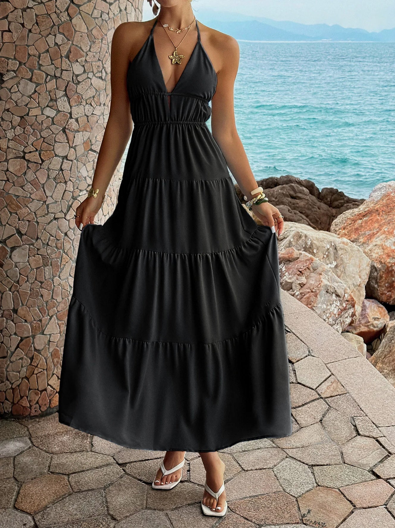 Halter Tiered Cutout Maxi Dress
