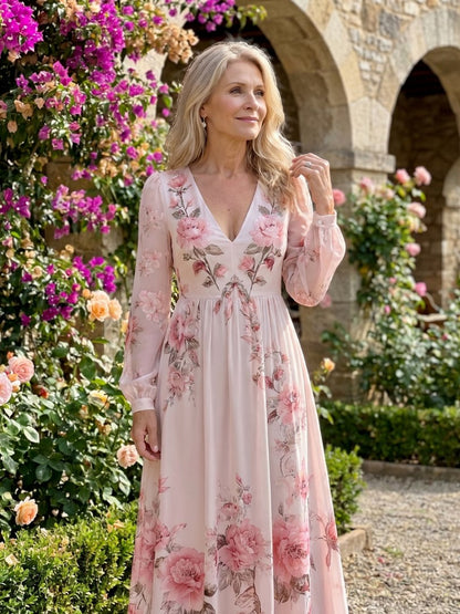 Floral Chiffon Long Sleeve Maxi Dress