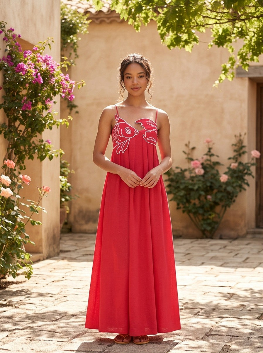 Poplin Spaghetti Strap Applique Maxi Sundress
