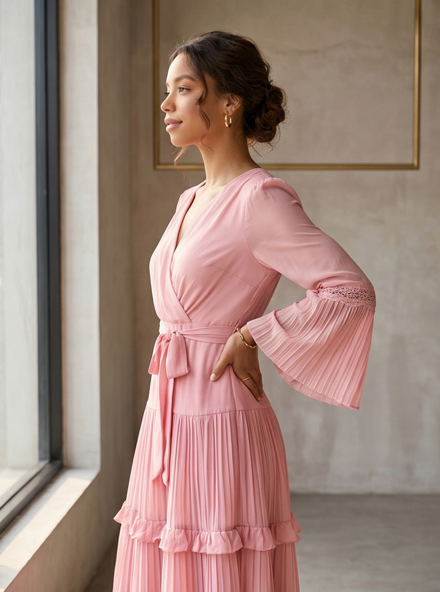 Chiffon Wrap Tiered Midi Dress