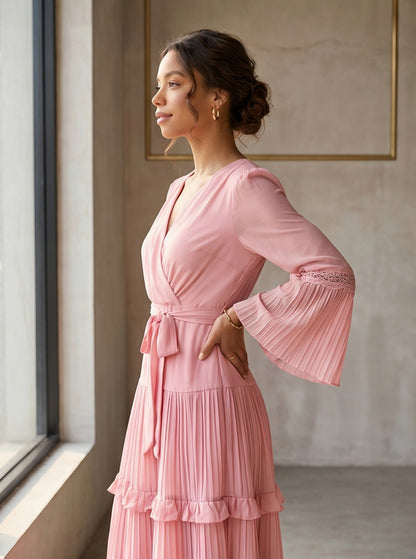 Chiffon Wrap Tiered Midi Dress