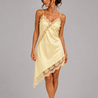 Satin Lace Trim Asymmetrical Slip Dress
