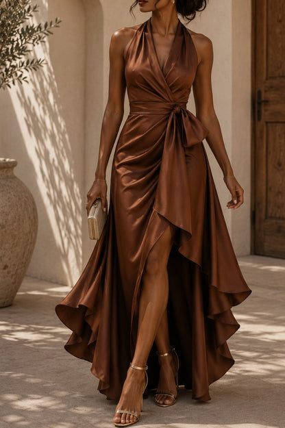 Satin Halter Wrap Maxi Dress