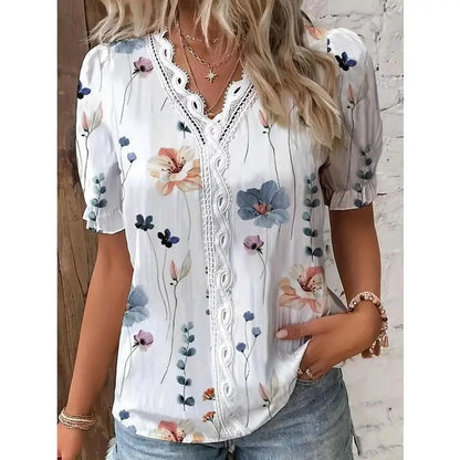 Floral Puff Sleeve Crochet Blouse
