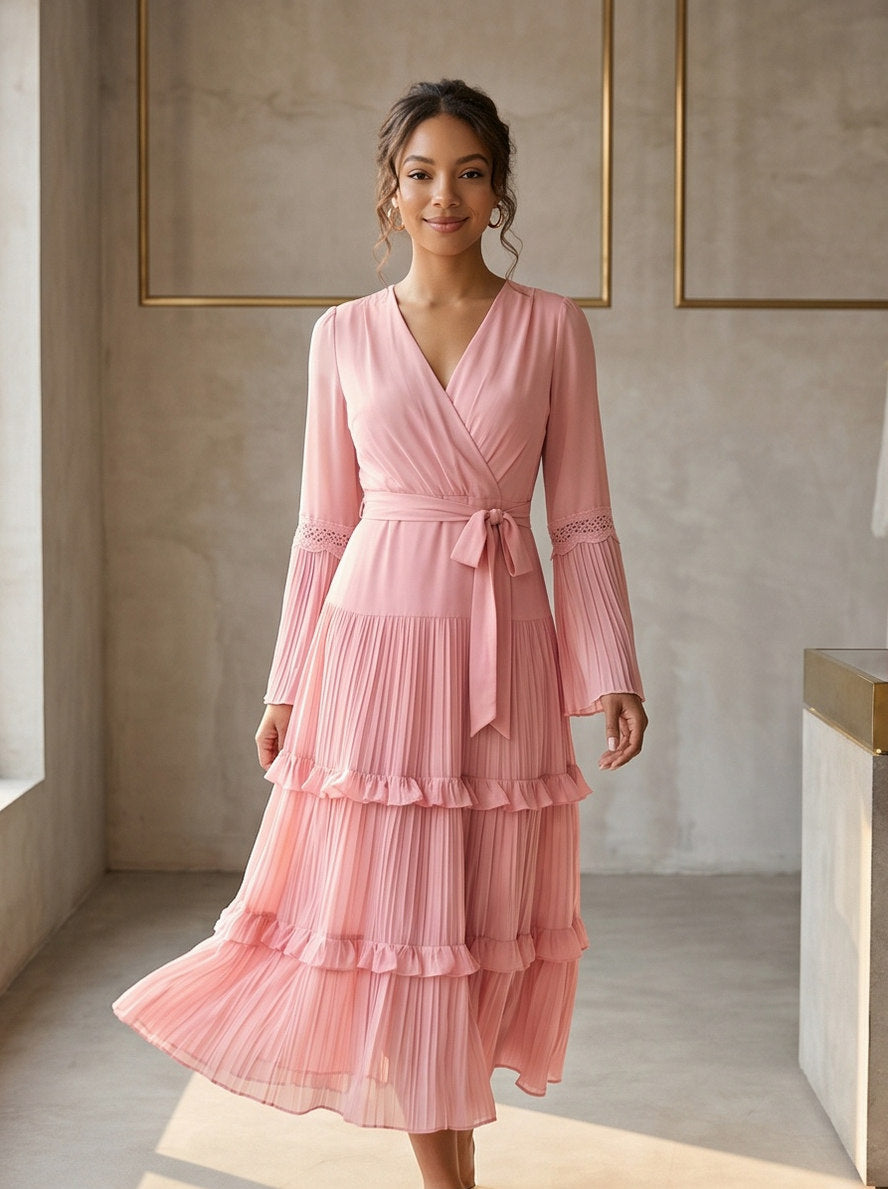 Chiffon Wrap Tiered Midi Dress