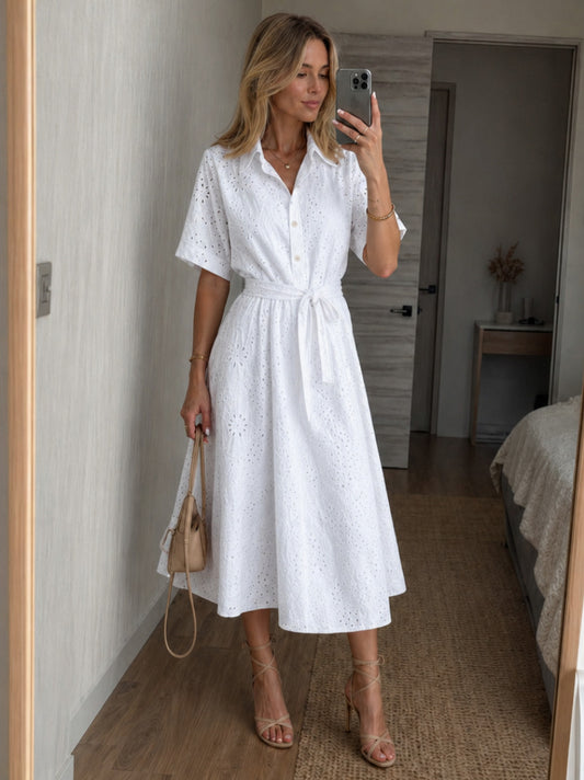 Eyelet Tie Waist Midi Dress