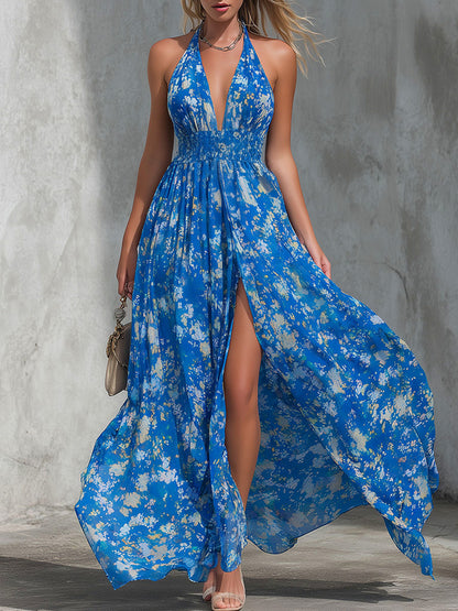 Floral Chiffon Halter Maxi Dress