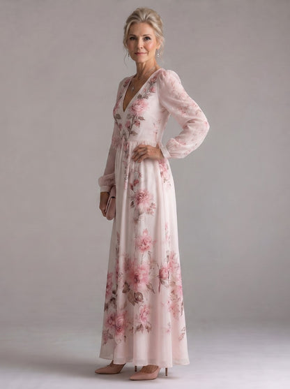 Floral Chiffon Long Sleeve Maxi Dress