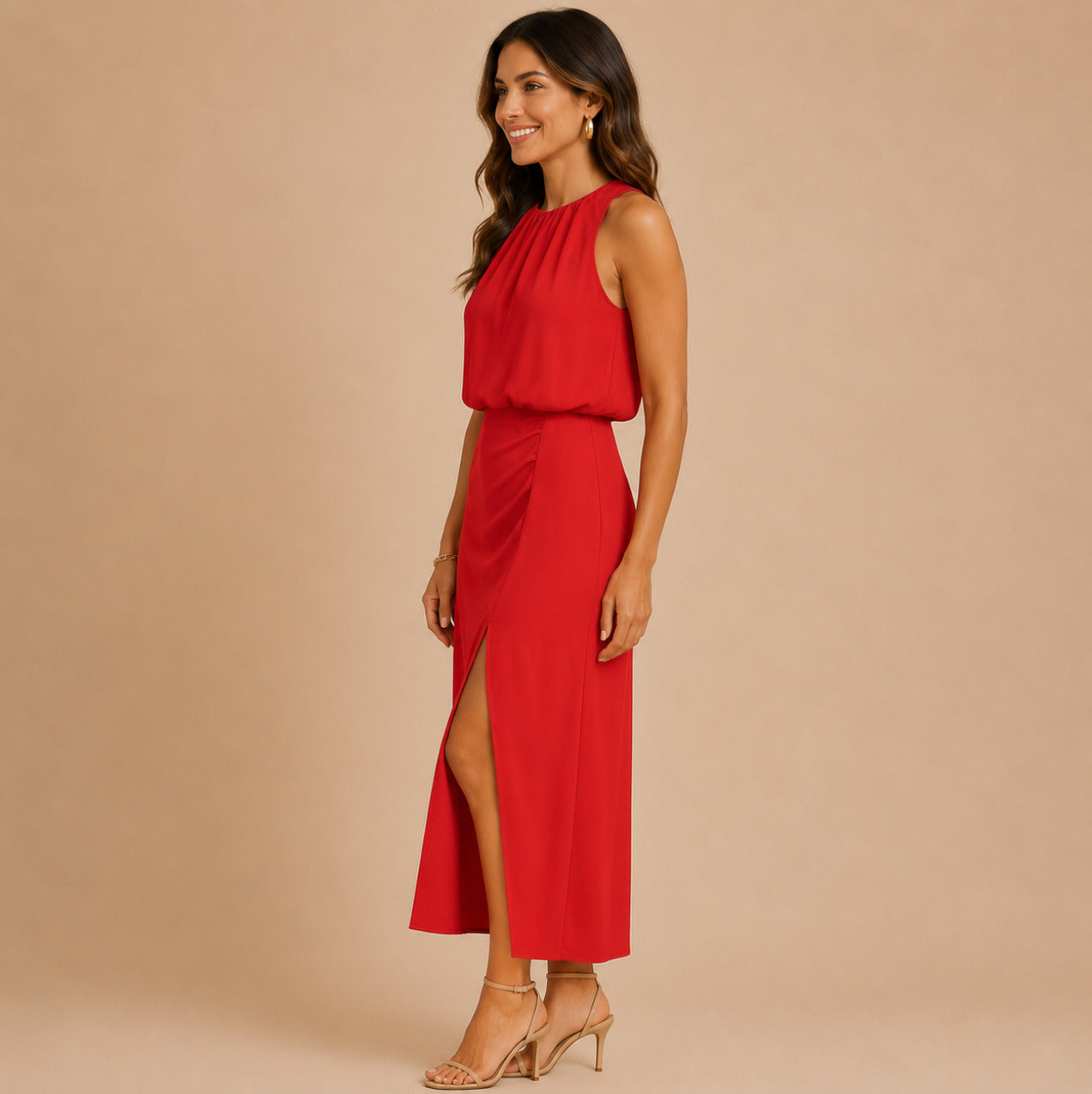 Halter Ruched Slit Midi Dress