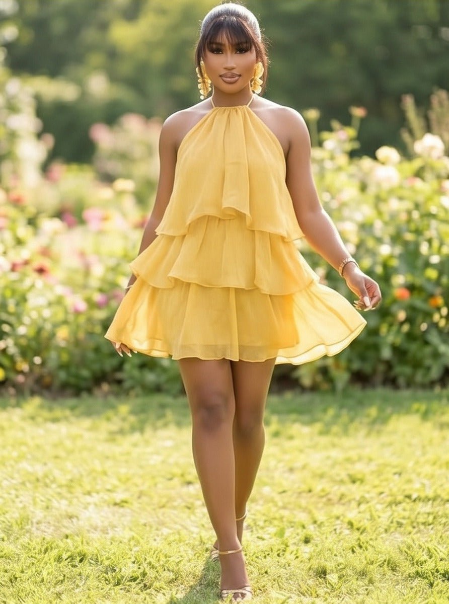 Chiffon Tiered Halter Mini Dress