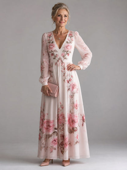 Floral Chiffon Long Sleeve Maxi Dress