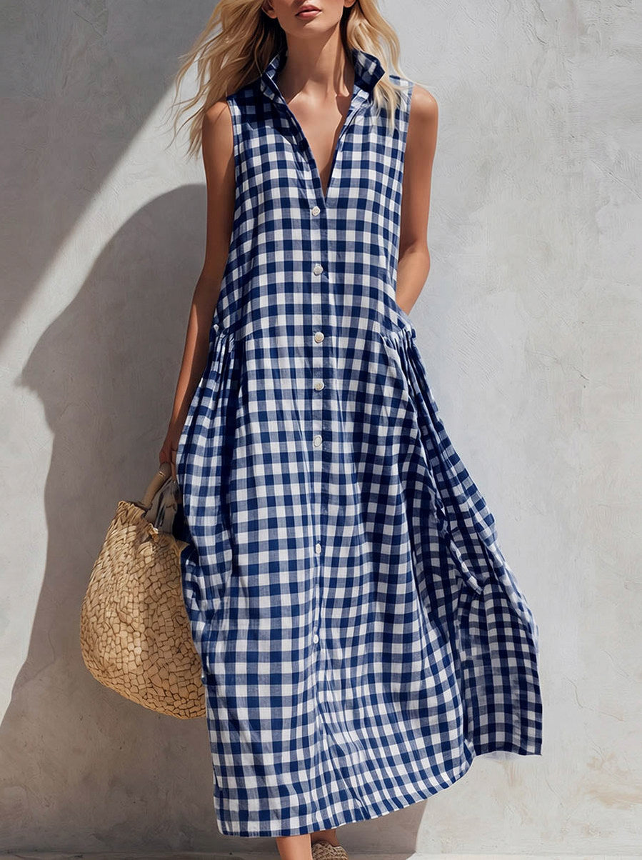 Gingham Button Front Midi Dress