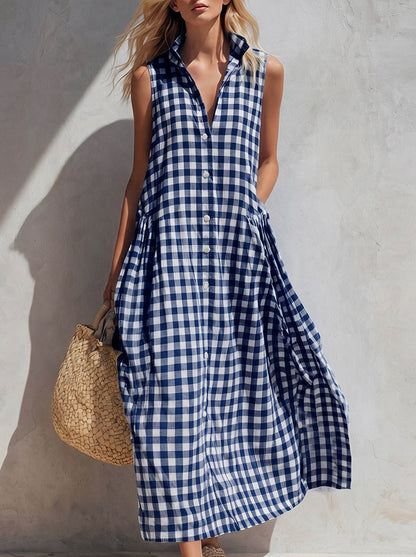 Gingham Button Front Midi Dress