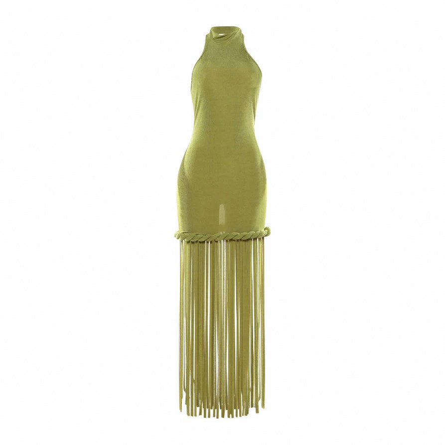 Halter Fringe Braided Maxi Dress