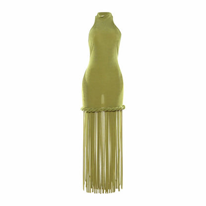 Halter Fringe Braided Maxi Dress