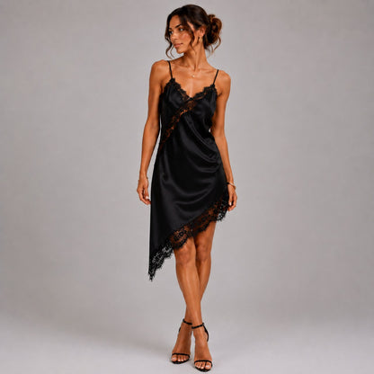 Satin Lace Trim Asymmetrical Slip Dress