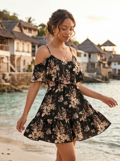 Floral Cold Shoulder Tiered Sundress