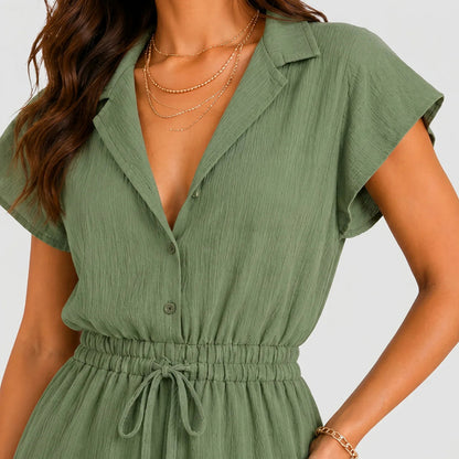 Collared Tie Waist Tiered Mini Dress
