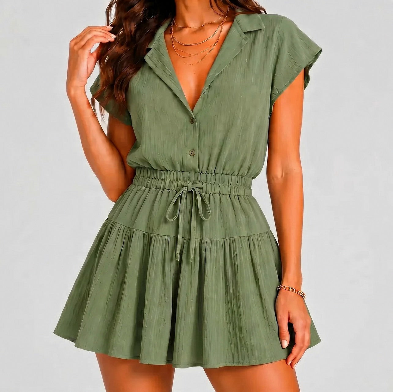 Collared Tie Waist Tiered Mini Dress