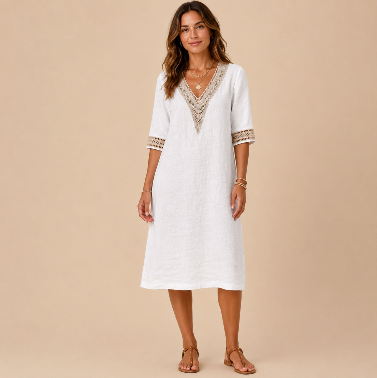 Linen Crochet Trim Midi Dress