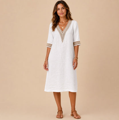 Linen Crochet Trim Midi Dress