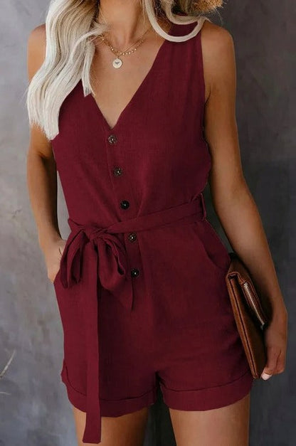 V-Neck Button Down Tie Romper