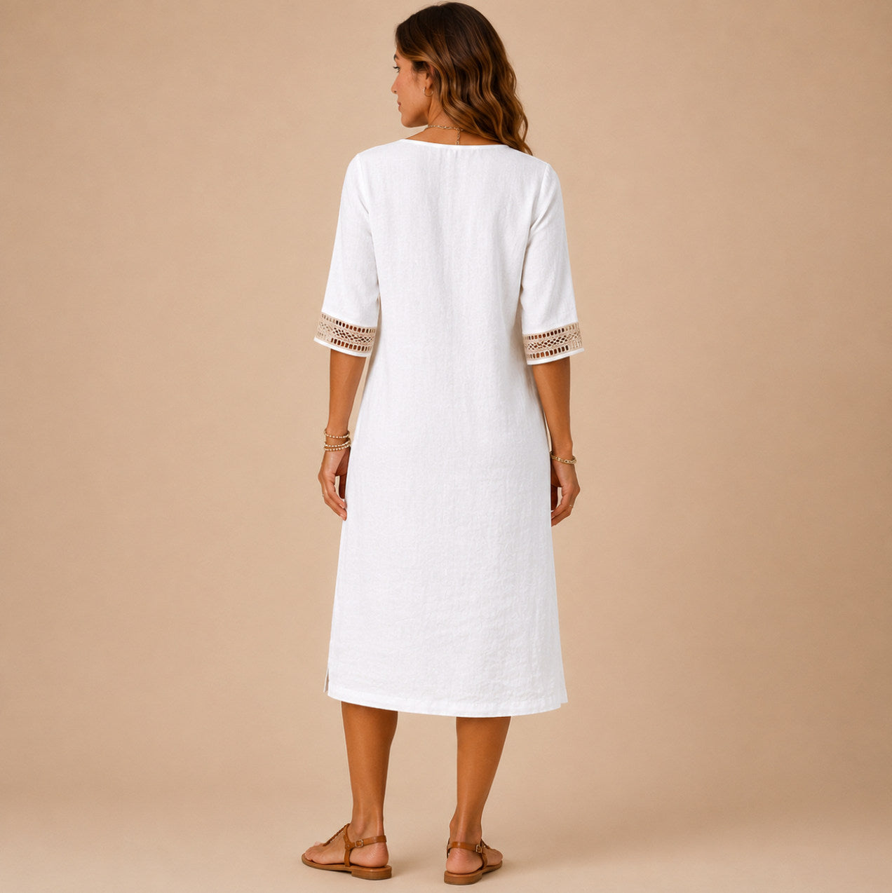 Linen Crochet Trim Midi Dress