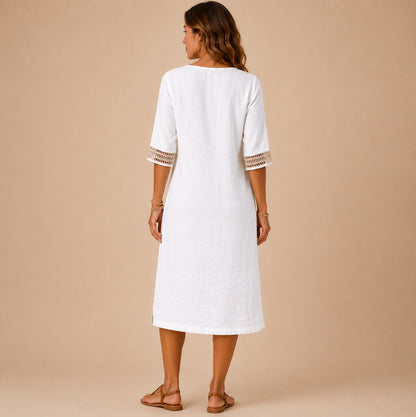 Linen Crochet Trim Midi Dress