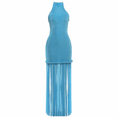 Halter Fringe Braided Maxi Dress
