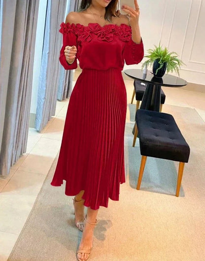 Off Shoulder Pleated Midi Dress