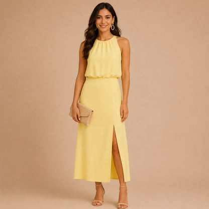 Halter Ruched Slit Midi Dress