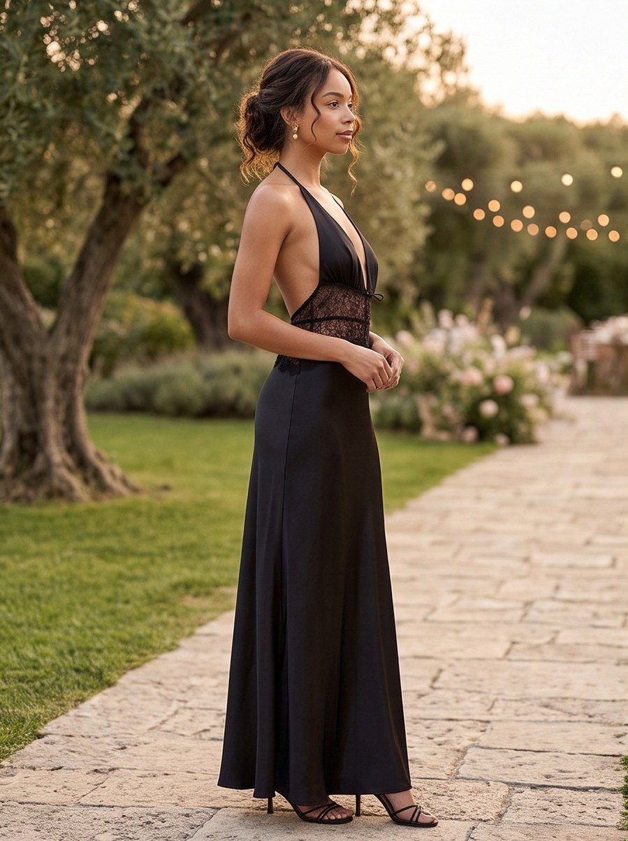 Satin Plunging Halter Lace Trim Slip Maxi Dress
