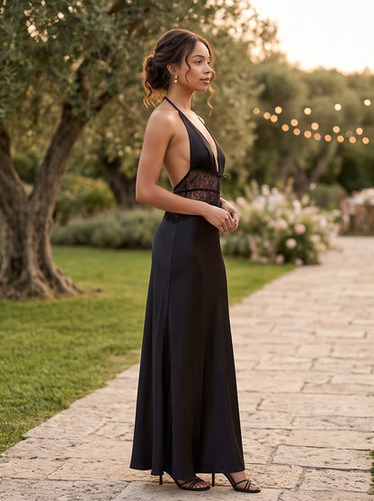 Satin Plunging Halter Lace Trim Slip Maxi Dress