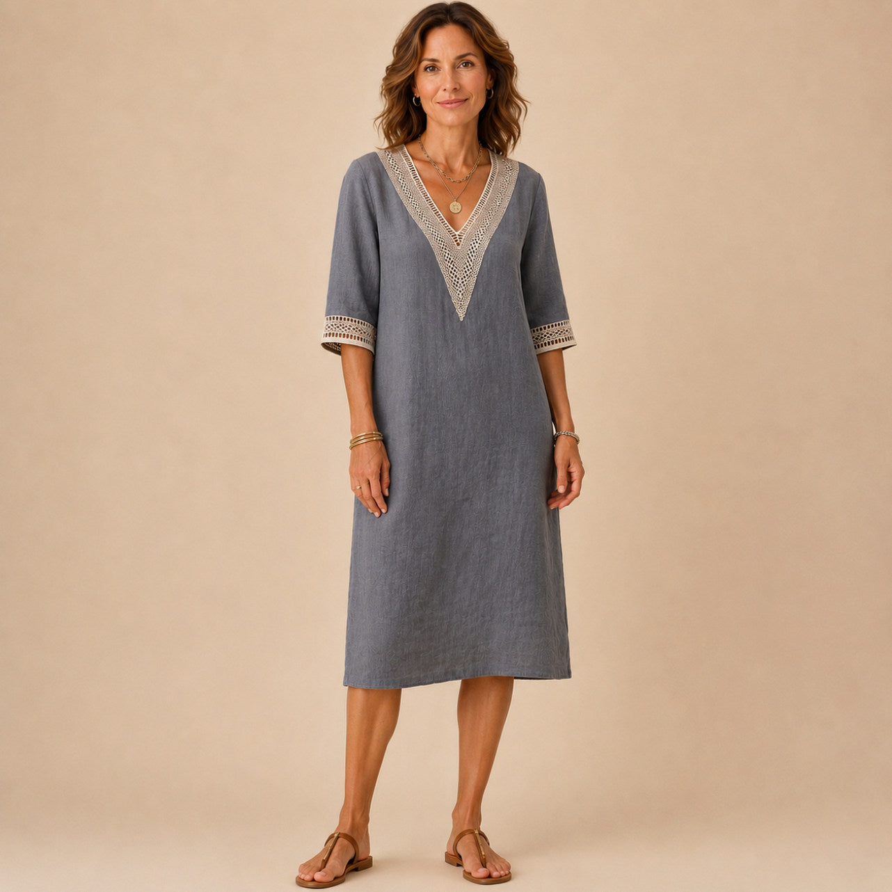 Linen Crochet Trim Midi Dress