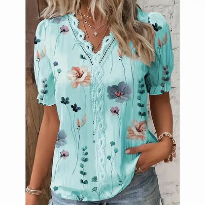 Floral Puff Sleeve Crochet Blouse