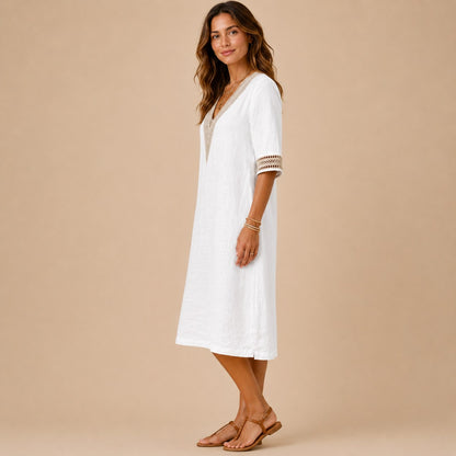 Linen Crochet Trim Midi Dress