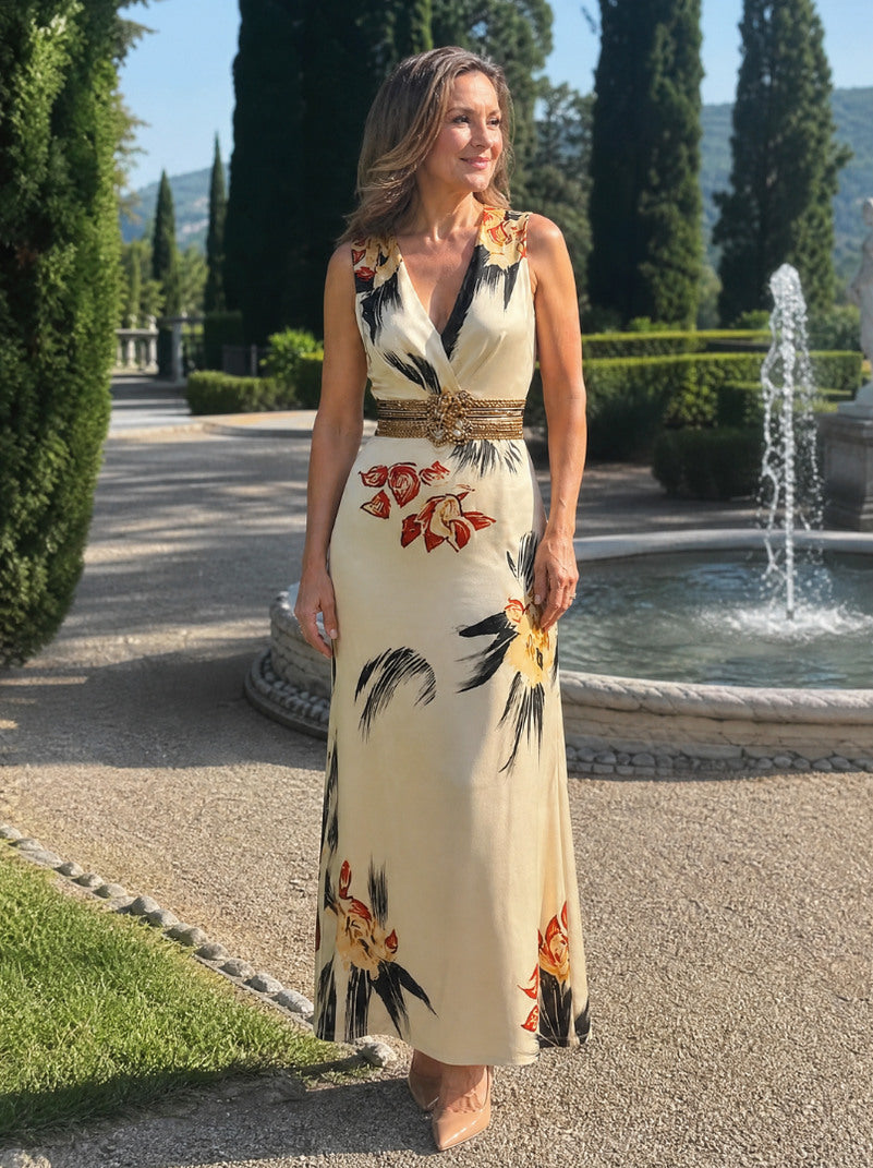 Satin Floral V-Neck Maxi Dress