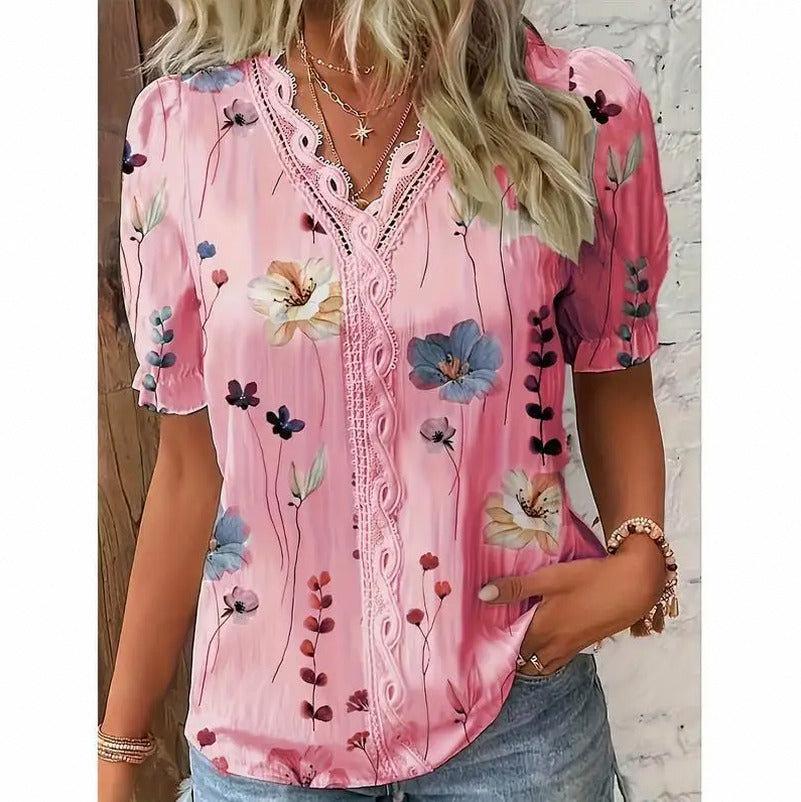 Floral Puff Sleeve Crochet Blouse