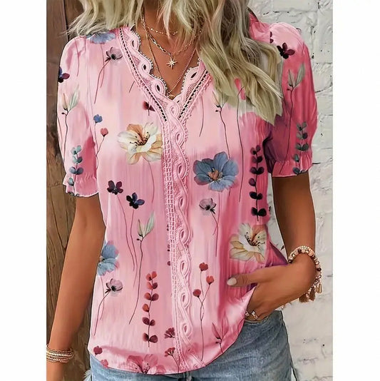 Floral Puff Sleeve Crochet Blouse