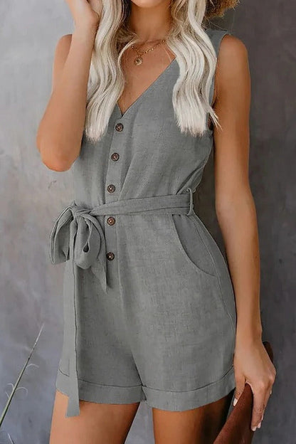 V-Neck Button Down Tie Romper