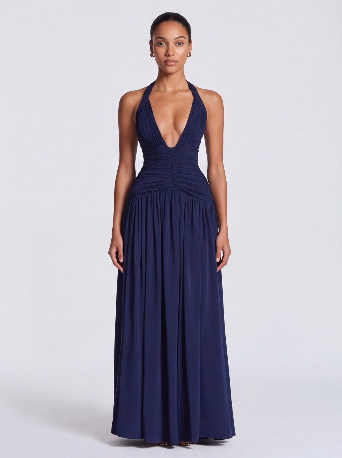 Jersey Halter Ruched Maxi Dress
