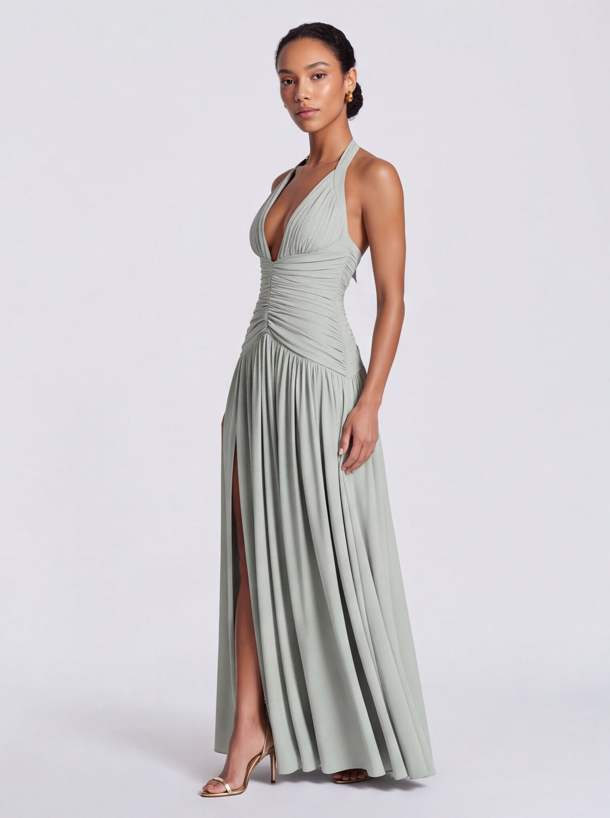 Jersey Halter Ruched Maxi Dress