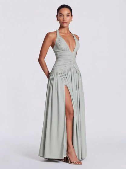 Jersey Halter Ruched Maxi Dress