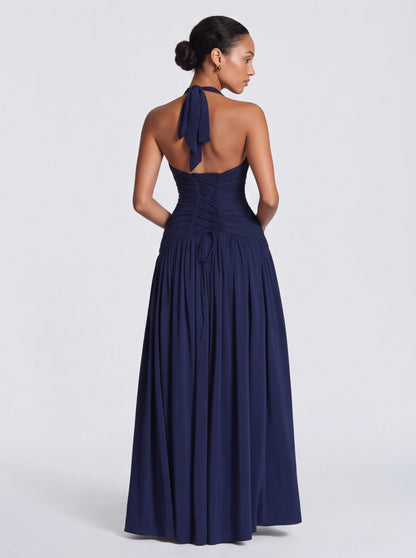 Jersey Halter Ruched Maxi Dress
