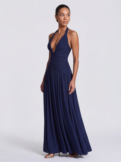 Jersey Halter Ruched Maxi Dress