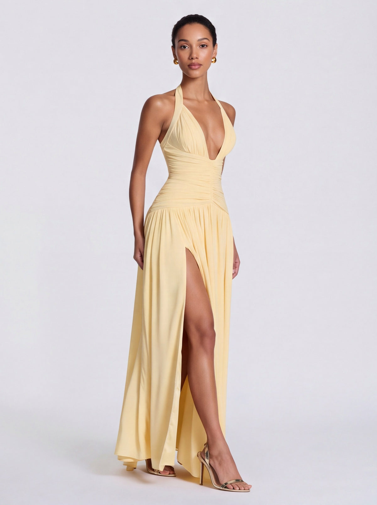 Jersey Halter Ruched Maxi Dress