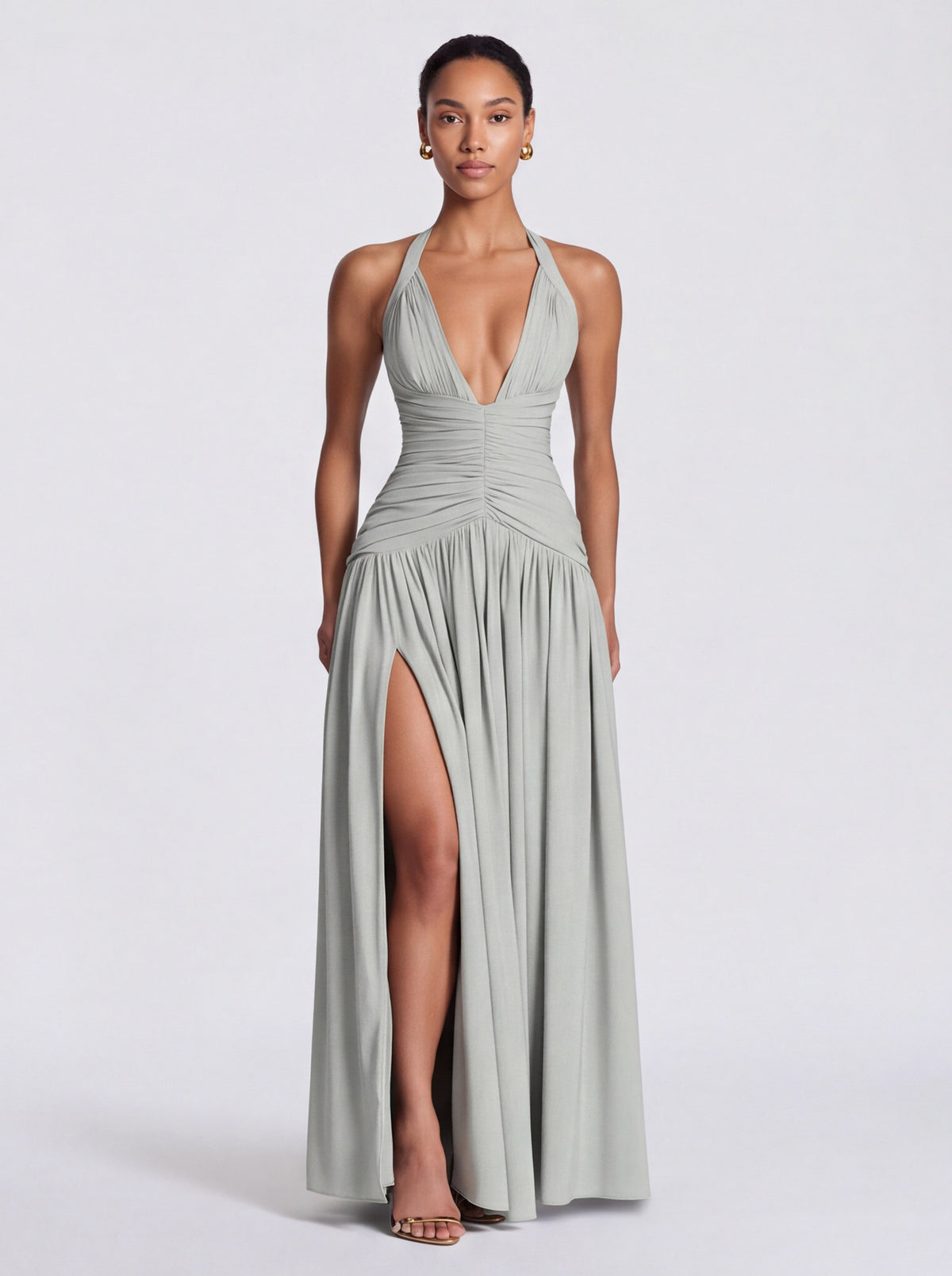 Jersey Halter Ruched Maxi Dress